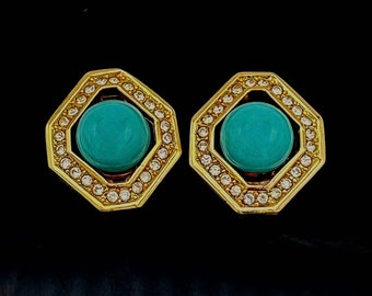 Christian Dior Germany Earrings  Grosse turquoise  blue ball clear rhinestone gold metal diamond shape    clip on   earrings