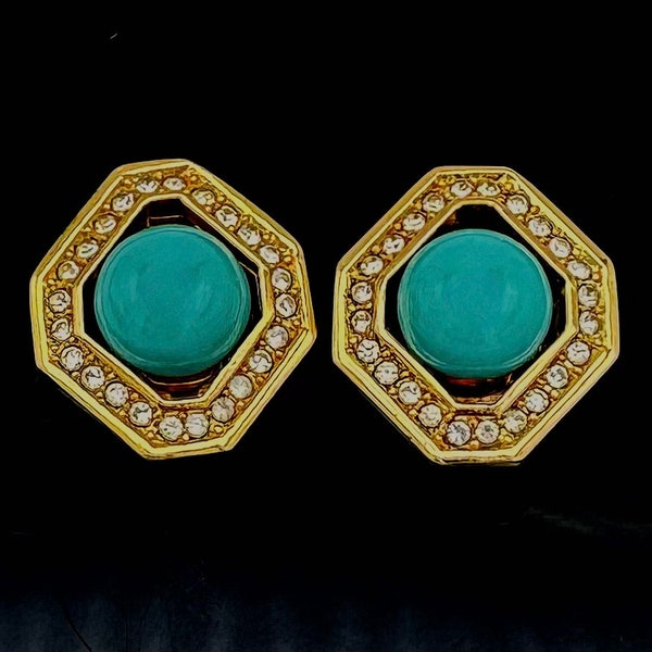 Christian Dior Germany Earrings  Grosse turquoise  blue ball clear rhinestone gold metal diamond shape    clip on   earrings