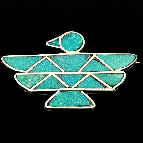 Turquoise  Inlay  Bird brooch sterling silver Southwestern  Old Pawn Native American  Navajo thunder  Bird  pin