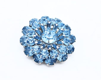 Weiss Rhinestone   Brooch light blue  Crystal stones  silver setting round atomic  Mid century  pin 1 2/3 inch