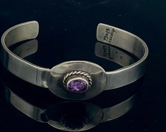 Sterling  Amethyst   Cuff Bangle   Taxco Mexico   Silver purple  gemstone Tribal  Bracelet