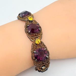 Purple Rhinestone Link Bracelet: Czech Style Gold Brass Victorian Revival