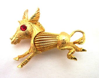 Horse Brooch  gold tone Metal  Red Rhinestone  Donkey pin