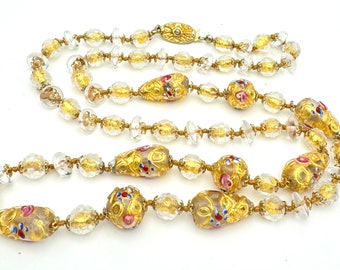 Yellow Venitian  art Glass  Bead Necklace clear crystal Wedding Cake Italian 32 inches