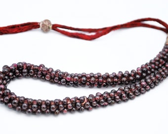 Garnet Bead necklace woven beads Maroon Red  Pyrope gemstone bead  cluster Adjustable  30 inches long red silk strands