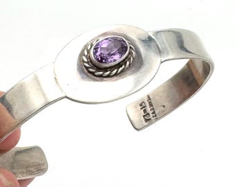 Sterling  Amethyst   Cuff Bangle   Taxco Mexico   Silver purple  gemstone Tribal  Bracelet