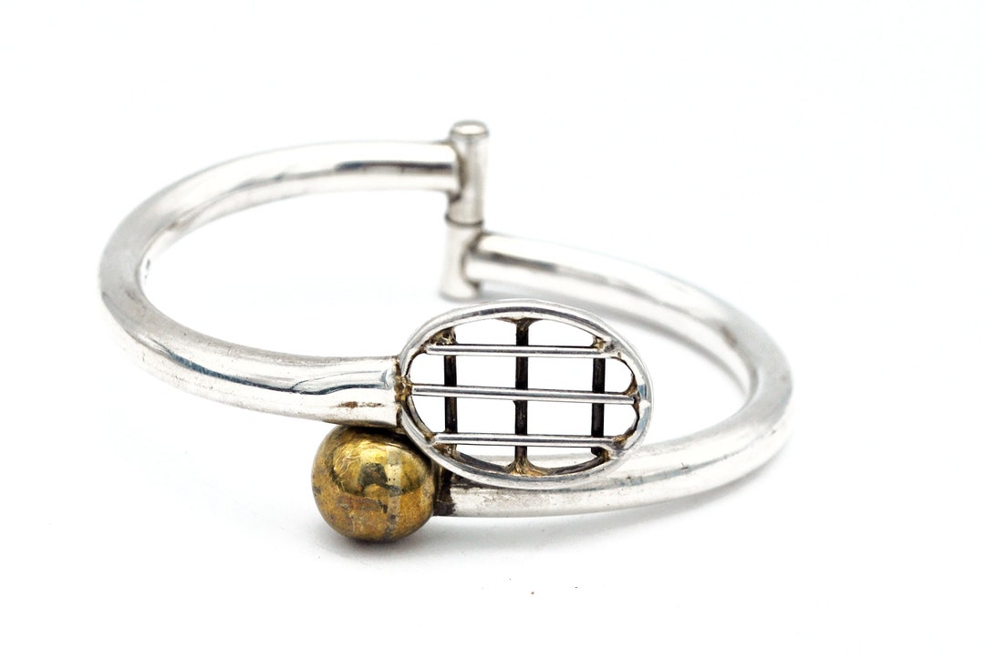 Sterling Silver Tennis Racket Bracelet Mexico Taxco Gold Wash Tennis