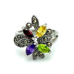 Multi gemstone Flower ring Sterling silver  Amethyst garnet  Peridot Citrine marcasite    floral  Statement  ring size 5