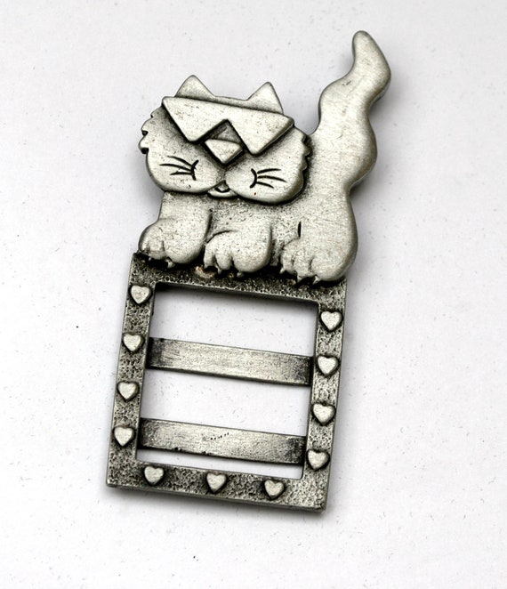 Pewter Cat BROOCH Photo Frame Pin JJ Jonette Jewelry figurine Pin
