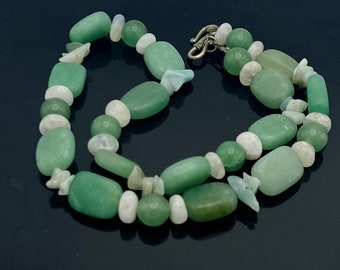 Green Aventine moonstone Bead Necklace quartz beads  green and white gemstone