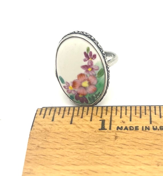 Sterling Silver flower  ring painted floral flowe… - image 7