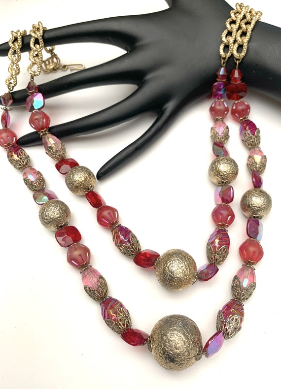 Hobe Glass Bead Necklace - double strand - red pin