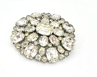 Checho Slovakia  Rhinestone  Brooch   mid century czech clear crystal silver pot metal pin