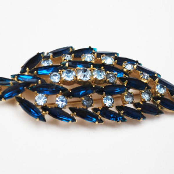 Blue Rhinestone Leaf brooch mid century gold light and  blue pin