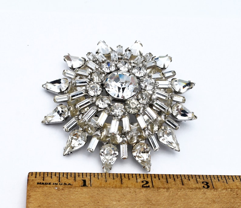Rhinestone Brooch Large Atomic Pin Clear Ice Rhinestone domed layered Mid Century Snow flake 3 inch