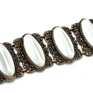 Chunky white  Thermoset  Link Bracelet  Large oval white plastic  light gold filigree metal