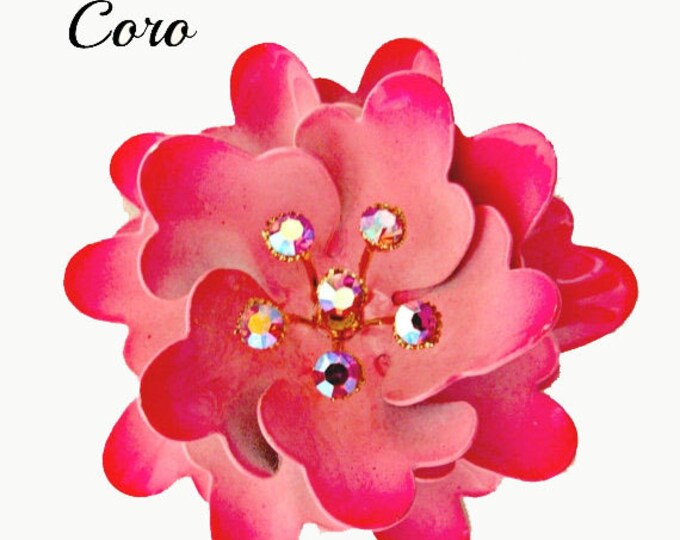 Coro Pink Flower Brooch With AB Rhinestone on a Pink Enamel on Etsy