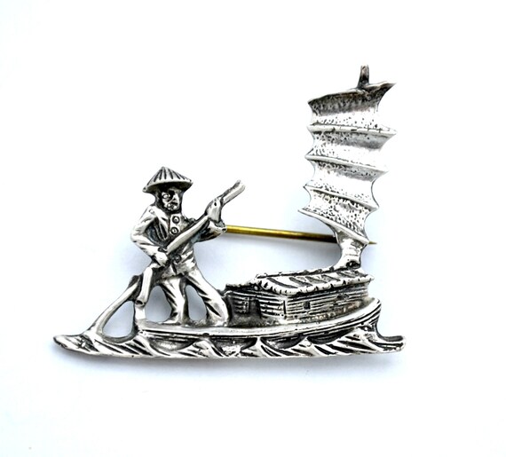 Sterling Silver  Asian boat Brooch  chinese orien… - image 1