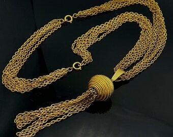 Gold Chain  Tassel Necklace mid century multi strand gold chain  ball statement necklace