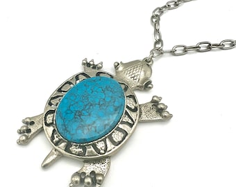 Large Turtle pendant necklace  faux blueTurquoise  Southwest  Boho statement necklace