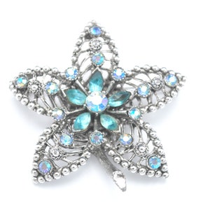 Blue  Rhinestone Flower  Brooch  blue   clear Glass  Auroral borealis  Floral Mid century Pin