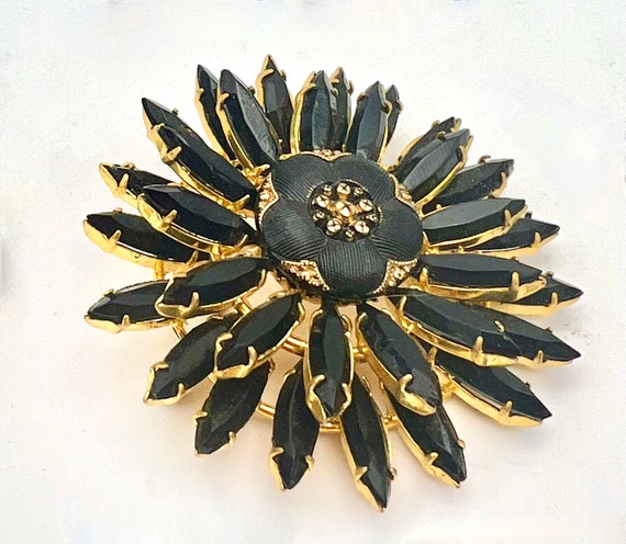 Black Rhinestone Large  Brooch  domed  floral gol… - image 2