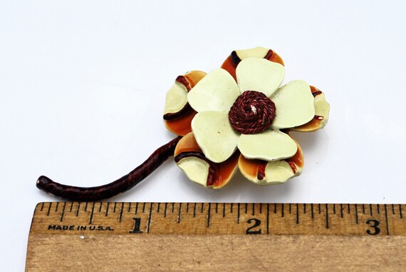 Flower  Brooch  signed BSK brown and yellow namel… - image 4