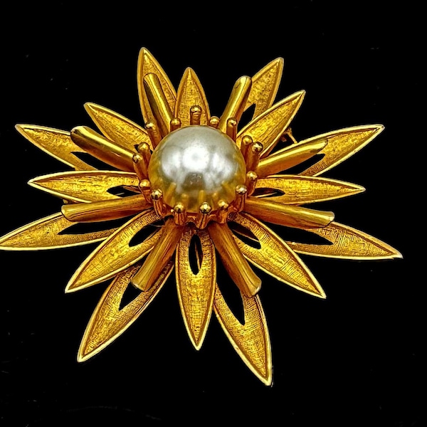 Cathe Flower Brooch  Gold and Pearl  Large Floral signed  pin