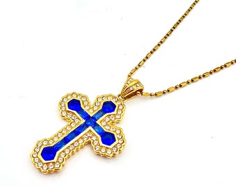 Jacqueline Bouvier Kennedy cross necklace Blue  Clear rhinestone gold plated metal  signed JBK