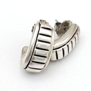 Sterling Half Hoop Earrings Boho wide silver hoops striped pierced earrings modern