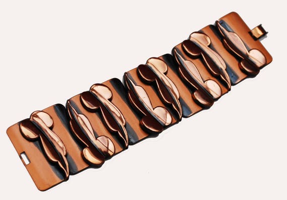 Copper Panel link Bracelet  Mod Leaf   Signed Ren… - image 1