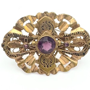 Victorian Gold Filled Bar Brooch: Amethyst & Rhinestone Floral Pin