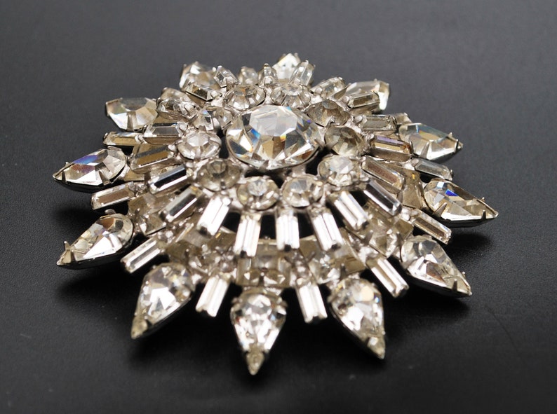 Rhinestone Brooch Large Atomic Pin Clear Ice Rhinestone domed layered Mid Century Snow flake 3 inch