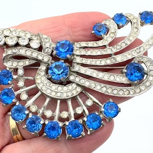 Vintage 1930s Floral Brooch, Blue Rhinestone Spray Pin