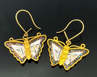 Amita Damascene Butterfly Earring  Gold  white black Damascene  Enameling  Japan Asian floral dangle pierced earrings