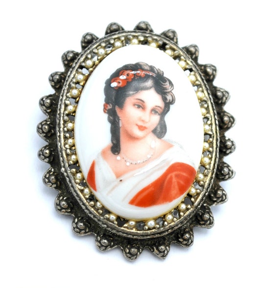 Vintage Limognes France Porcelain Lady In Red Cameo Brooch/Pendant