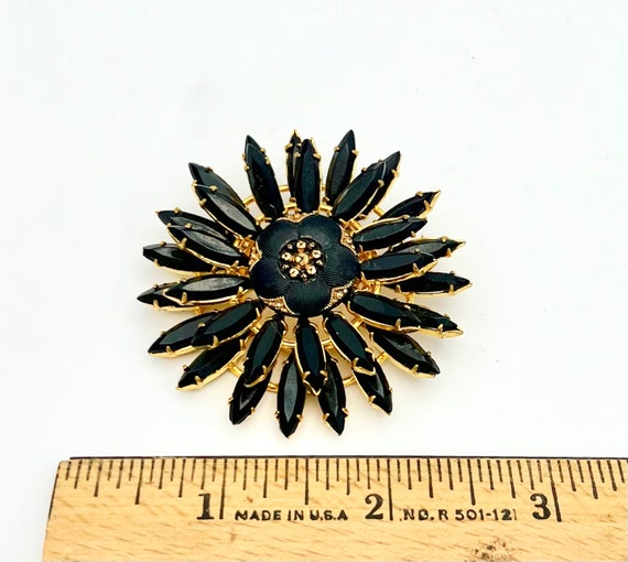 Black Rhinestone Large  Brooch  domed  floral gol… - image 6