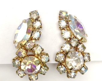 Rhinestone Climbing earrings gold plated metal   Mid century Flower clear  Aurora borealis crystal   clip on earrings