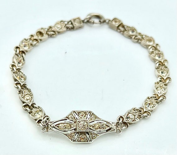 Art Deco Sterling  Rhinestone Bracelet  Clear cry… - image 8