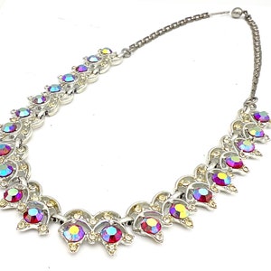 Vintage Rhinestone  link necklace   Aurora borealis crystal  silver    Mid century  Necklace