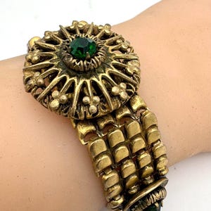 green crystal gold link  Bracelet green rhinestone  Gold Brass  Victorian Revival
