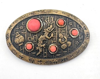 Asian coral brass brooch orange stone  Asian imotif pin