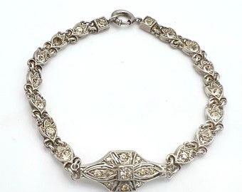 Art Deco Sterling  Rhinestone Bracelet  Clear crystal  stones sterling silver Tennis Bracelet