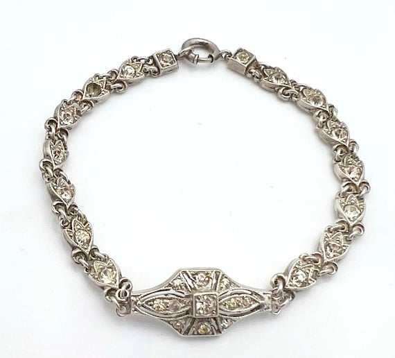 Art Deco Sterling  Rhinestone Bracelet  Clear cry… - image 1