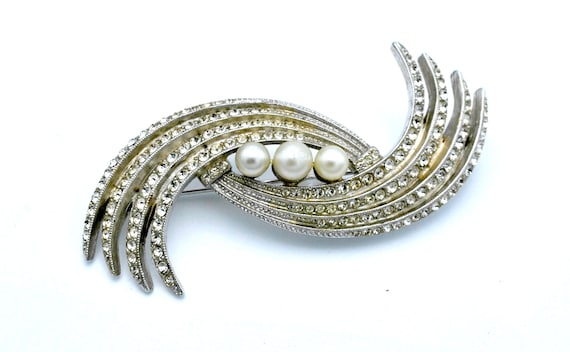 Pearl rhinestone Bar  Brooch 1940 signed ORA swir… - image 1