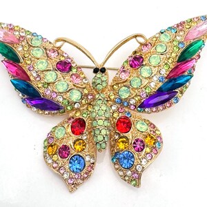 Butterfly Rhinestone Brooch  colorful crystal  gold plated metal large 4 inch insect Pin