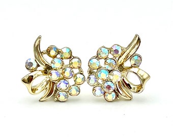 Rhinestone Earring -signed BSK clear crystal aurora borealis  Gold Clip on earrings wedding bride
