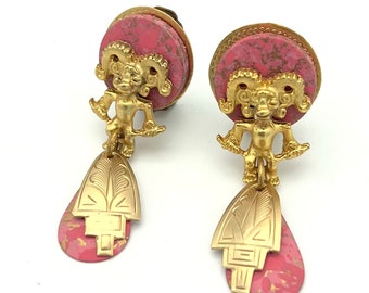 Pink brass  dangle Earrings gold Aztec Ram tribal l  dangles clip on  earrings