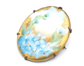 Hand Painted Porcelain Brooch light blue green  floral  Gold accent c clasp