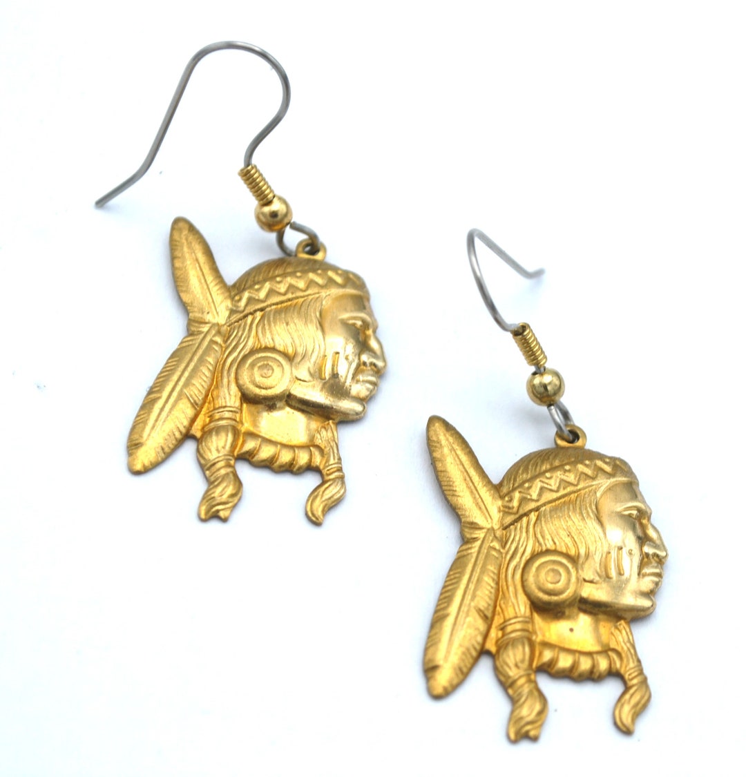Brass Indian Head Earrings Native American Southwest Gold Dangle Drop